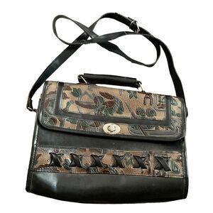 Vtg 70's Black TOOLED Leather EGYPTIAN Handbag Hippie BoHo Bag Mixed Metals‎
